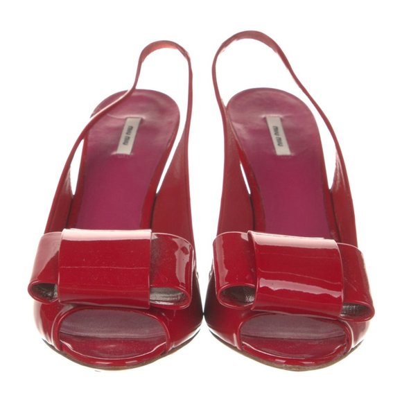 NEW MIU MIU RED BOW PATENT LEATHER SLINGBACK SANDALS HEELS 38.5 REDUCED PRICE - Picture 4 of 9